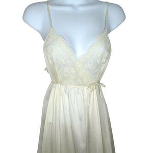 Vintage 70s Full Length Sweeping Nylon Slip Nightgown S White Lace Slit Leg Tie